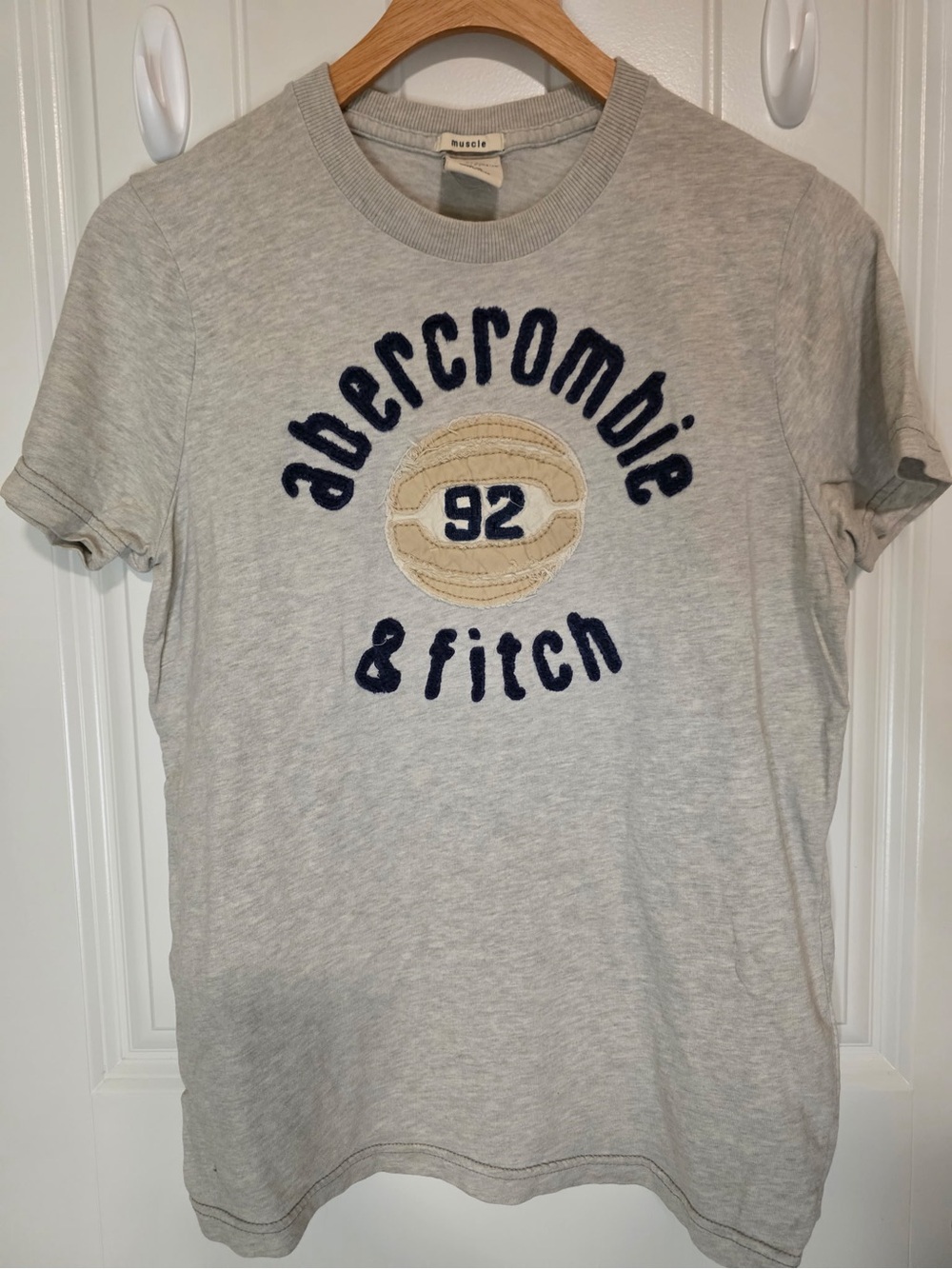 Abercrombie & Fitch Kids Light Gray Tee with Navy Logo and Cream 92 Patch